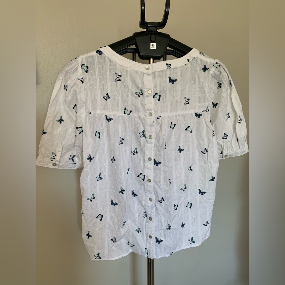Jane and Blanchy Women's White Blue Cotton Butterfly Embroidered Top L - Picture 2 of 3